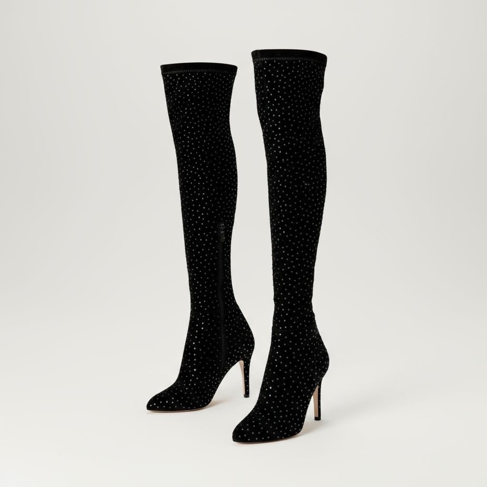 Jimmy Choo Black Stretch Suede Crystal Embellished Thigh High Boots Size 36.5